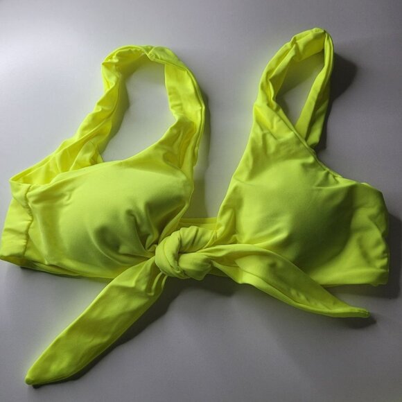 Bright Yellow Two Piece Swimsuit Bikini Tie Front Neon Womens Medium Padded - Picture 7 of 8
